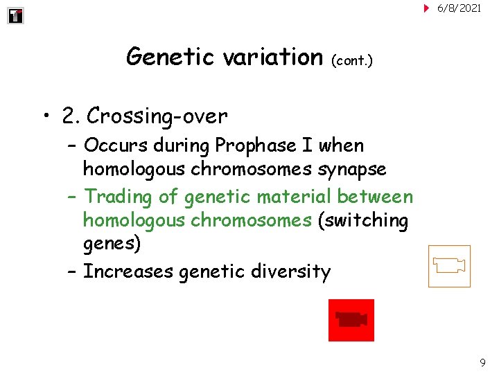 6/8/2021 Genetic variation (cont. ) • 2. Crossing-over – Occurs during Prophase I when