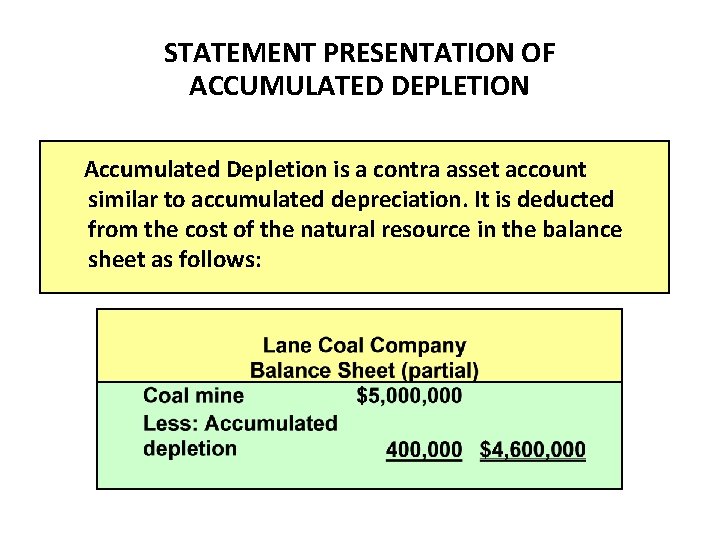 STATEMENT PRESENTATION OF ACCUMULATED DEPLETION Accumulated Depletion is a contra asset account similar to