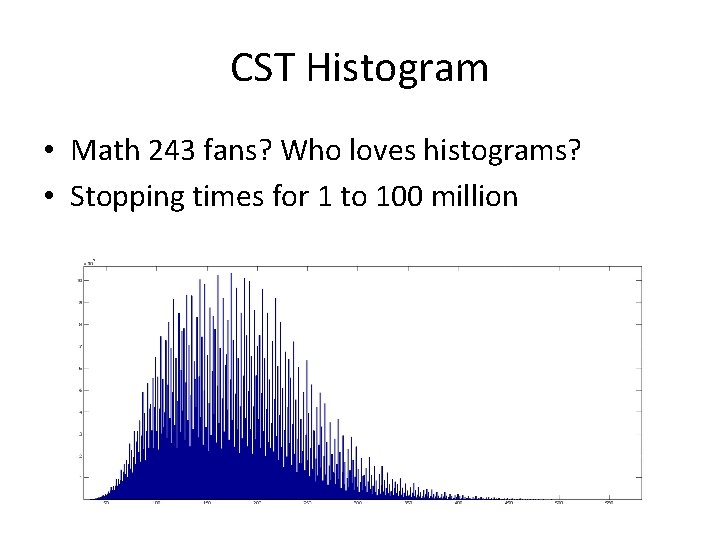 CST Histogram • Math 243 fans? Who loves histograms? • Stopping times for 1