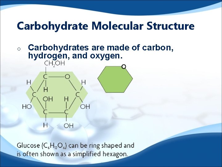 Carbohydrate Molecular Structure o Carbohydrates are made of carbon, hydrogen, and oxygen. 
