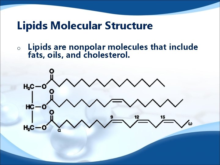 Lipids Molecular Structure o Lipids are nonpolar molecules that include fats, oils, and cholesterol.