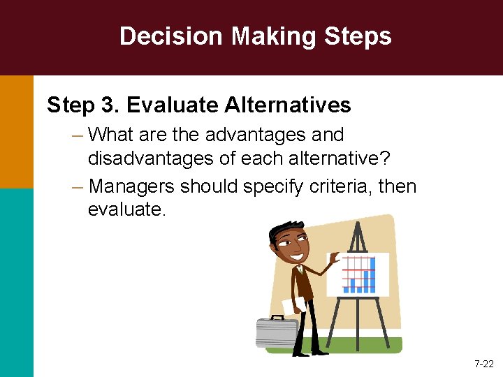Decision Making Steps Step 3. Evaluate Alternatives – What are the advantages and disadvantages