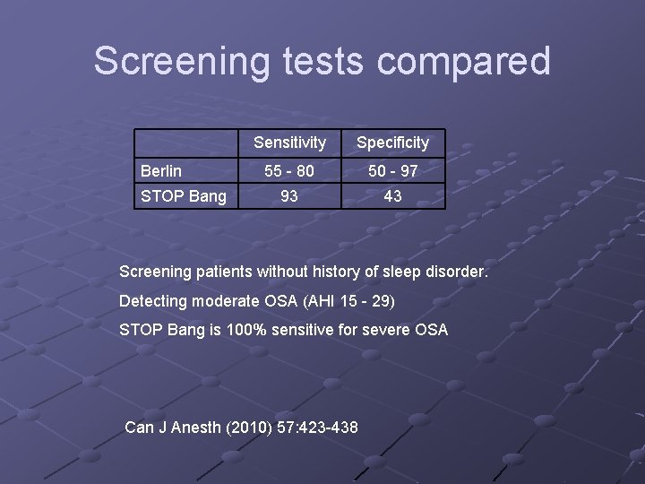 Screening tests compared Berlin STOP Bang Sensitivity Specificity 55 - 80 50 - 97