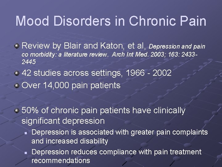 Mood Disorders in Chronic Pain Review by Blair and Katon, et al, Depression and