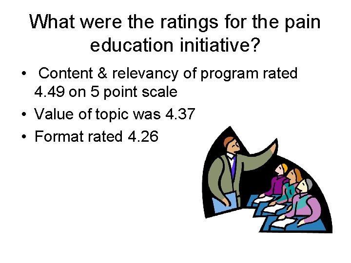 What were the ratings for the pain education initiative? • Content & relevancy of