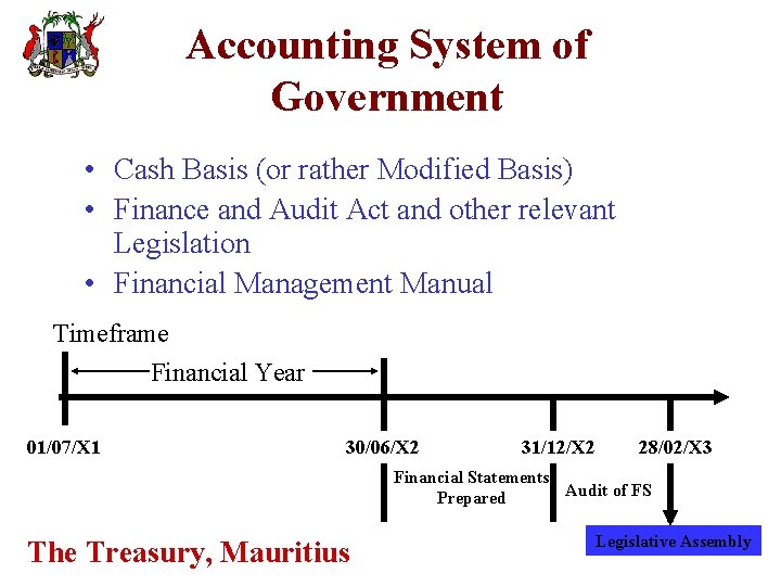 Accounting System of Government • Cash Basis (or rather Modified Basis) • Finance and