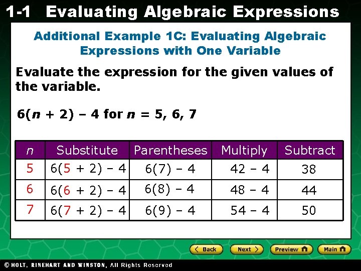 1 -1 Evaluating Algebraic Expressions Additional Example 1 C: Evaluating Algebraic Expressions with One