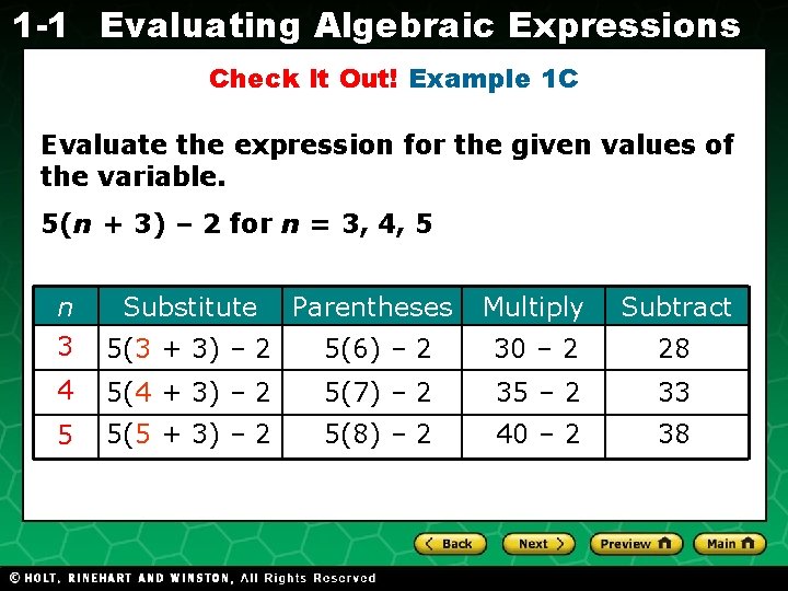 1 -1 Evaluating Algebraic Expressions Check It Out! Example 1 C Evaluating Algebraic Evaluate