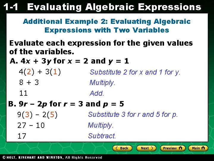 1 -1 Evaluating Algebraic Expressions Additional Example 2: Evaluating Algebraic Expressions with Two Variables