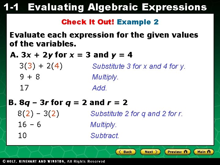 1 -1 Evaluating Algebraic Expressions Check It Out! Example 2 Evaluate each expression for