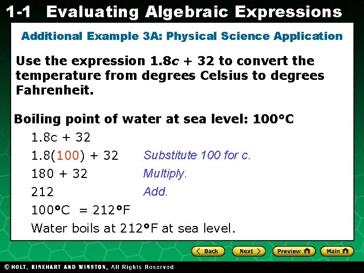 1 -1 Evaluating Algebraic Expressions Additional Example 3 A: Physical Science Application Use the