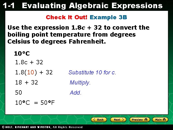 1 -1 Evaluating Algebraic Expressions Check It Out! Example 3 B Use the expression