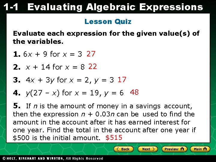 1 -1 Evaluating Algebraic Expressions Lesson Quiz Evaluate each expression for the given value(s)