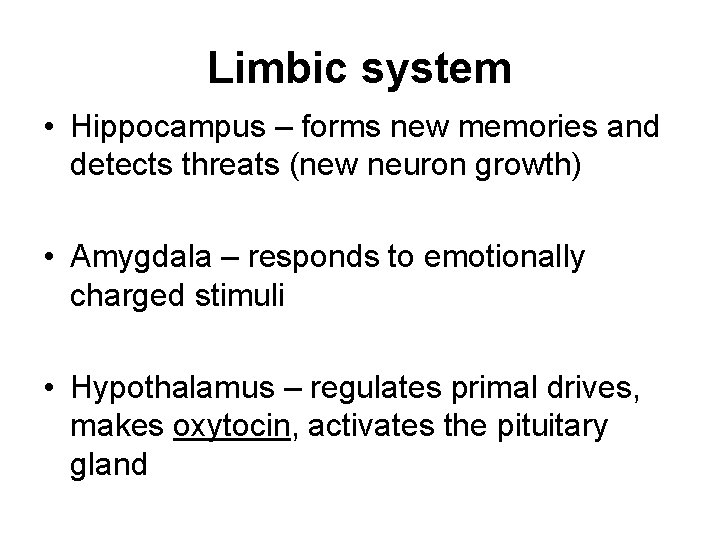 Limbic system • Hippocampus – forms new memories and detects threats (new neuron growth)