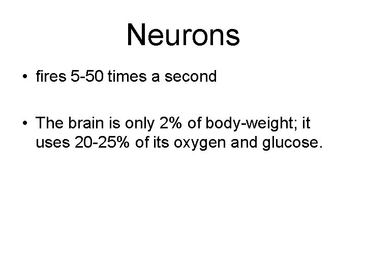 Neurons • fires 5 -50 times a second • The brain is only 2%
