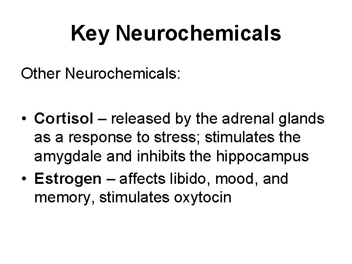 Key Neurochemicals Other Neurochemicals: • Cortisol – released by the adrenal glands as a