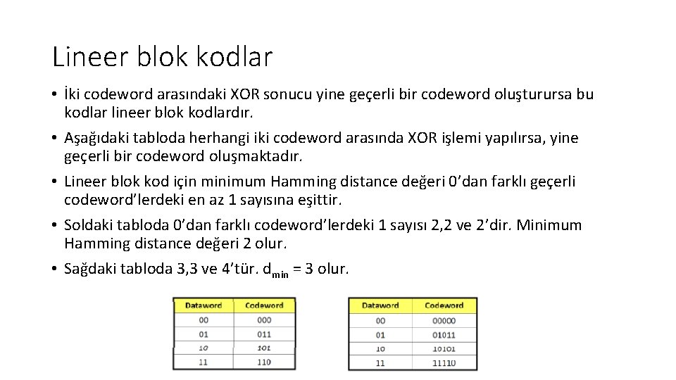 Lineer blok kodlar • İki codeword arasındaki XOR sonucu yine geçerli bir codeword oluşturursa