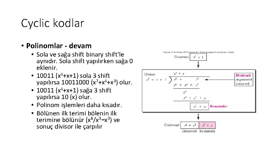 Cyclic kodlar • Polinomlar ‐ devam • Sola ve sağa shift binary shift’le aynıdır.