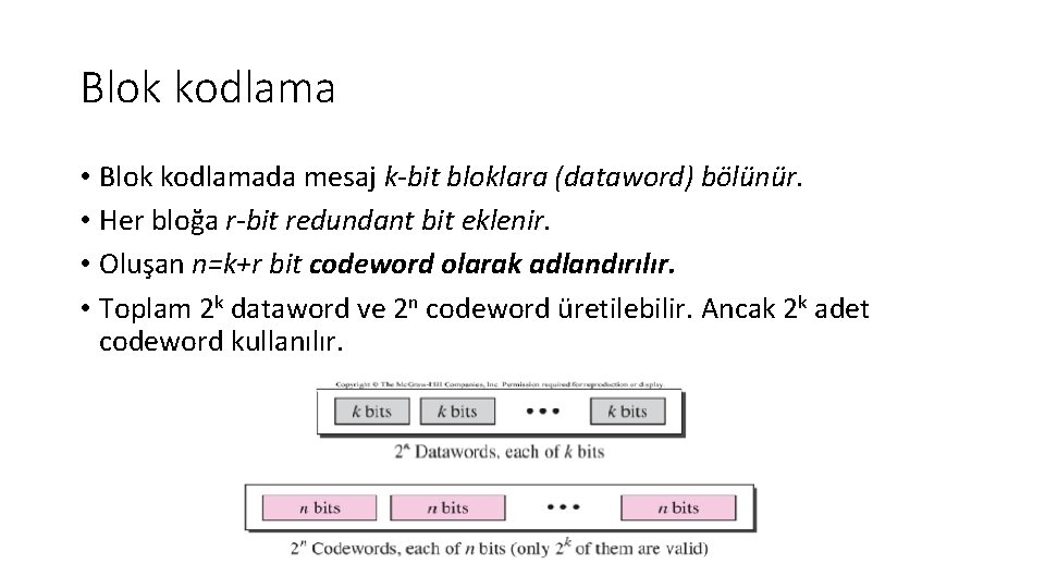 Blok kodlama • Blok kodlamada mesaj k‐bit bloklara (dataword) bölünür. • Her bloğa r‐bit