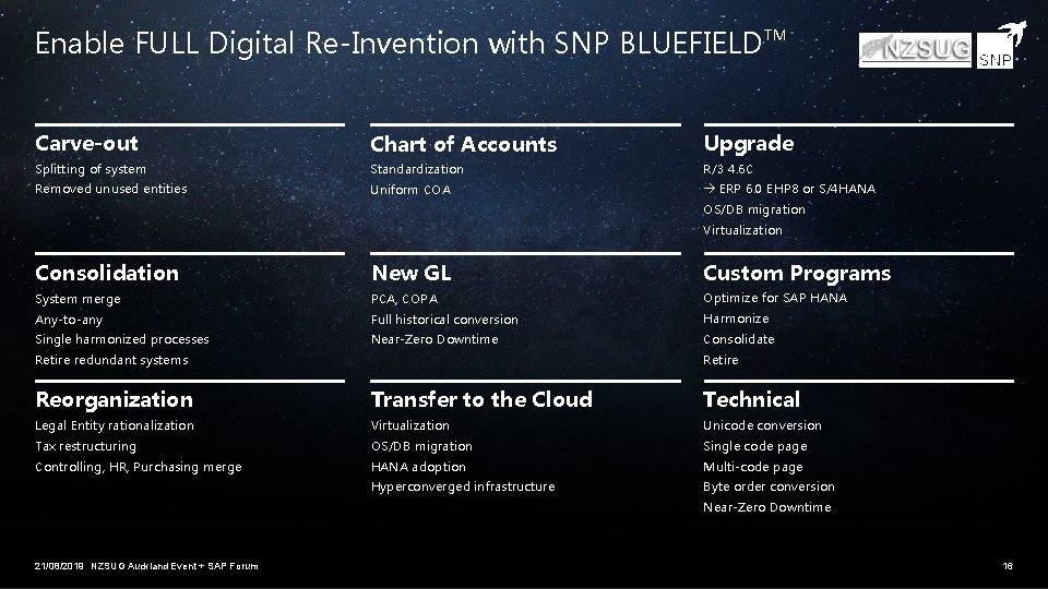 Enable FULL Digital Re-Invention with SNP BLUEFIELDTM Carve-out Chart of Accounts Upgrade Splitting of