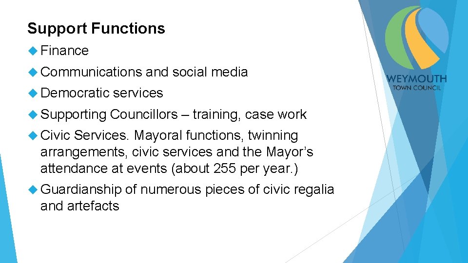 Support Functions Finance Communications and social media Democratic services Supporting Councillors – training, case