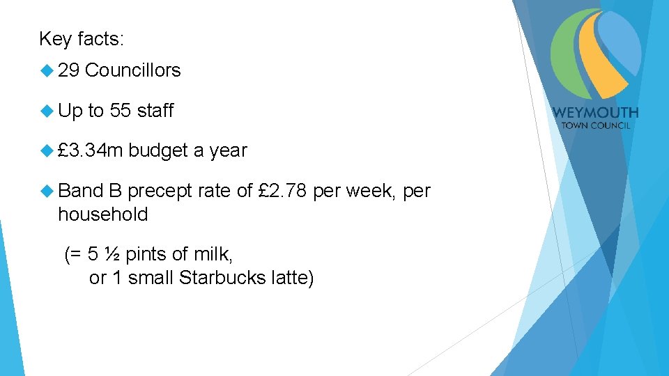 Key facts: 29 Councillors Up to 55 staff £ 3. 34 m budget a