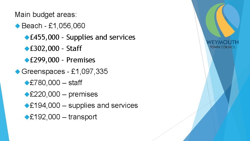 Main budget areas: Beach - £ 1, 056, 060 £ 455, 000 – Supplies