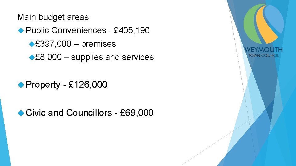 Main budget areas: Public Conveniences - £ 405, 190 £ 397, 000 £ 8,