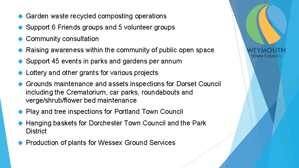  Garden waste recycled composting operations Support 6 Friends groups and 5 volunteer groups