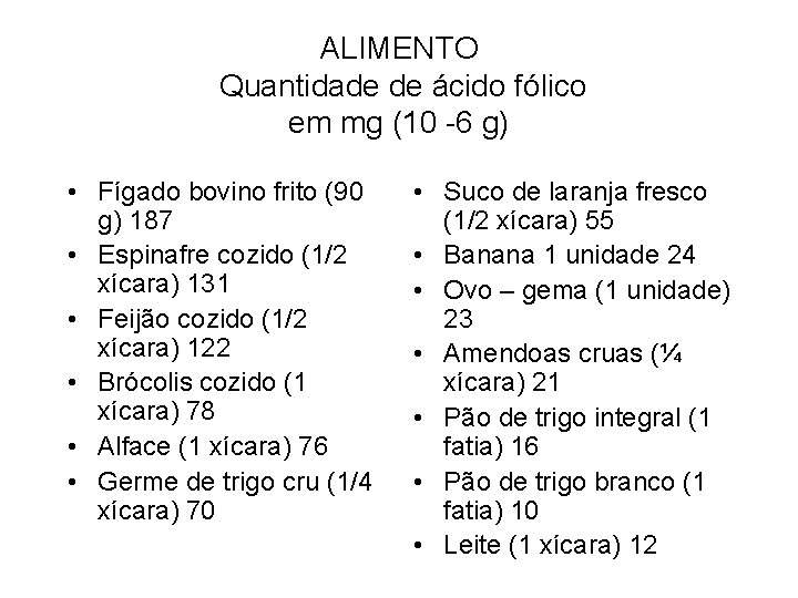 ALIMENTO Quantidade de ácido fólico em mg (10 -6 g) • Fígado bovino frito