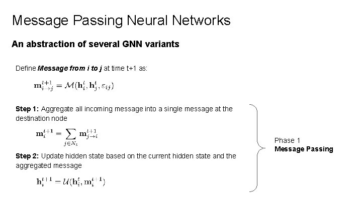 Message Passing Neural Networks An abstraction of several GNN variants Define Message from i