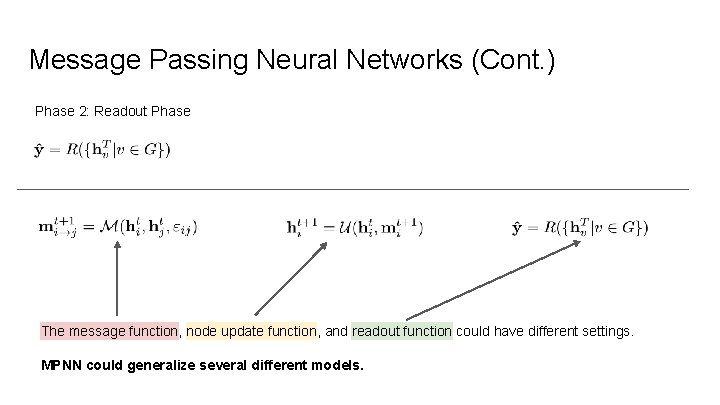 Message Passing Neural Networks (Cont. ) Phase 2: Readout Phase The message function, node