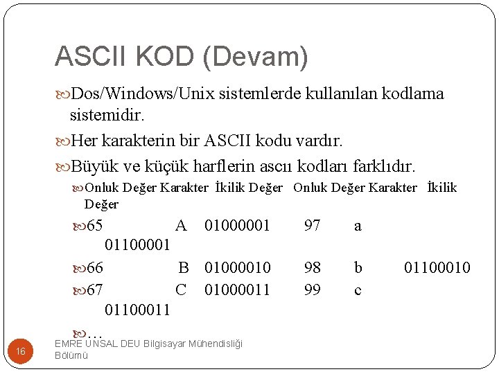 ASCII KOD (Devam) Dos/Windows/Unix sistemlerde kullanılan kodlama sistemidir. Her karakterin bir ASCII kodu vardır.