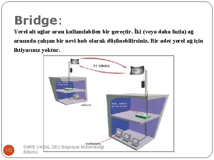 Bridge: Yerel alt ağlar arası kullanılabilen bir gereçtir. İki (veya daha fazla) ağ arasında