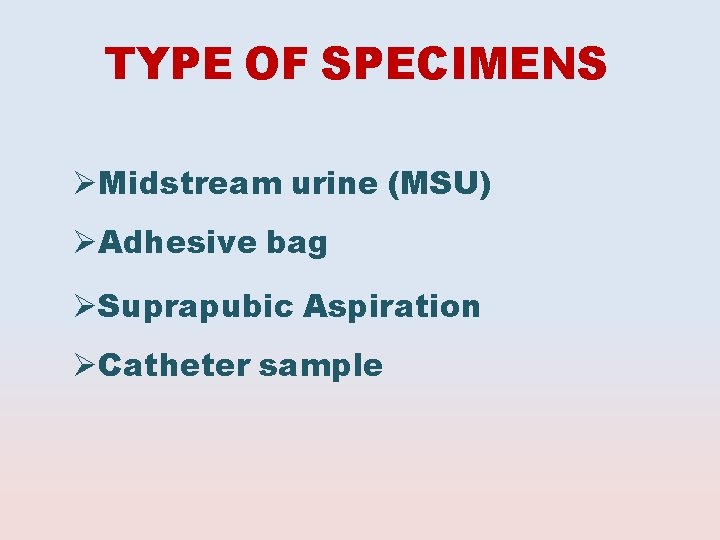 TYPE OF SPECIMENS Midstream urine (MSU) Adhesive bag Suprapubic Aspiration Catheter sample 