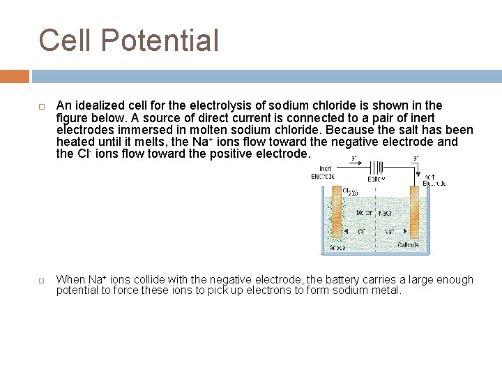 Cell Potential An idealized cell for the electrolysis of sodium chloride is shown in