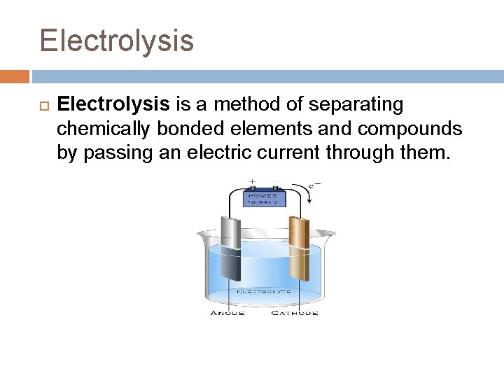 Electrolysis is a method of separating chemically bonded elements and compounds by passing an