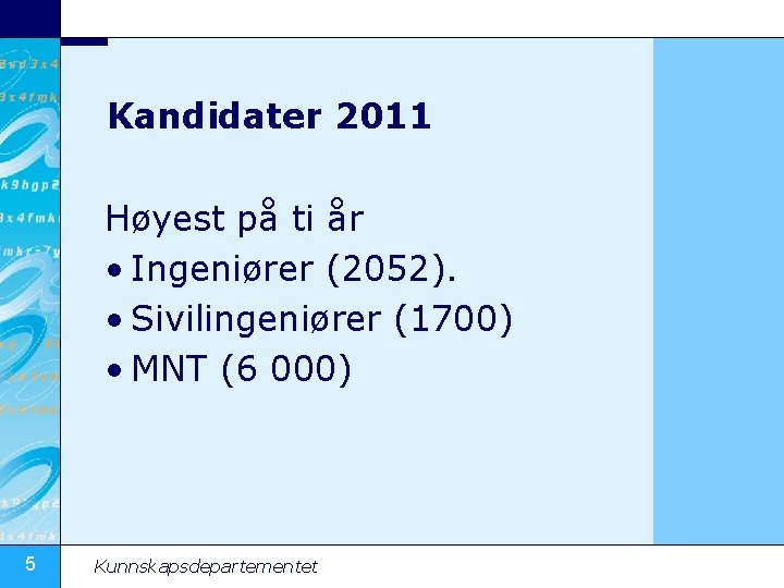 Kandidater 2011 Høyest på ti år • Ingeniører (2052). • Sivilingeniører (1700) • MNT