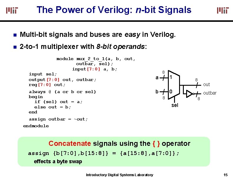 The Power of Verilog: n-bit Signals Multi-bit signals and buses are easy in Verilog.