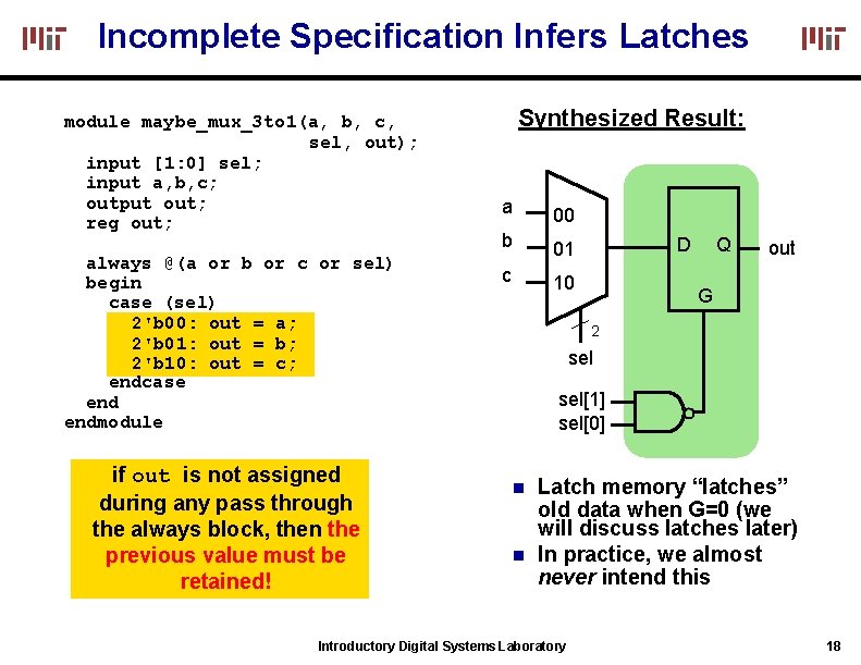 Incomplete Specification Infers Latches module maybe_mux_3 to 1(a, b, c, sel, out); input [1: