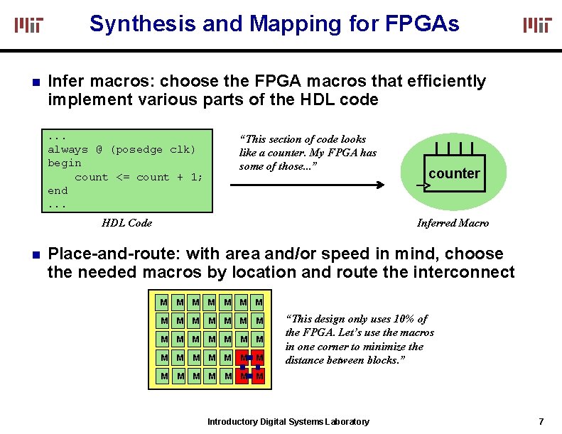 Synthesis and Mapping for FPGAs Infer macros: choose the FPGA macros that efficiently implement
