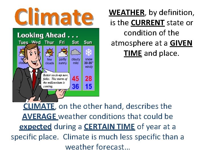 Climate WEATHER, by definition, is the CURRENT state or condition of the atmosphere at