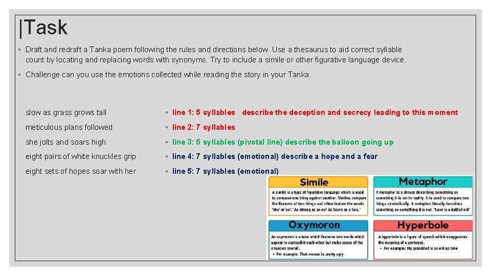 |Task ◦ Draft and redraft a Tanka poem following the rules and directions below.