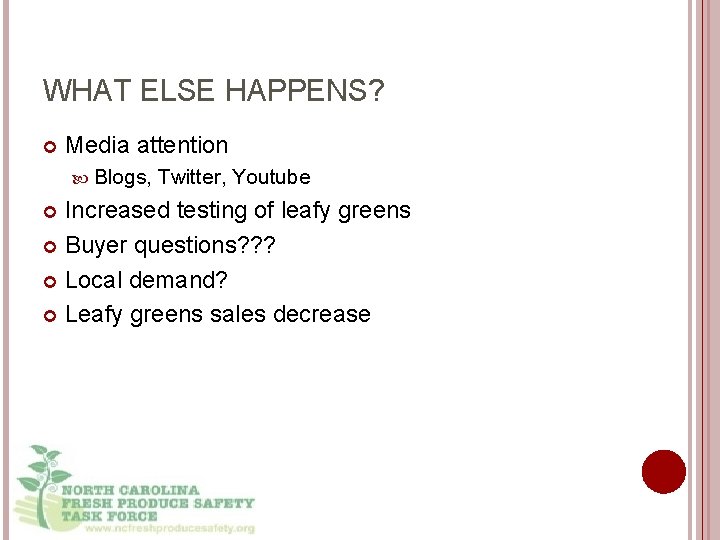 WHAT ELSE HAPPENS? Media attention Blogs, Twitter, Youtube Increased testing of leafy greens Buyer