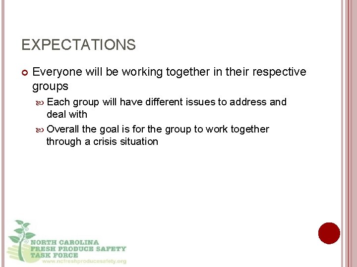 EXPECTATIONS Everyone will be working together in their respective groups Each group will have