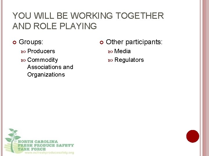 YOU WILL BE WORKING TOGETHER AND ROLE PLAYING Groups: Other participants: Producers Media Commodity