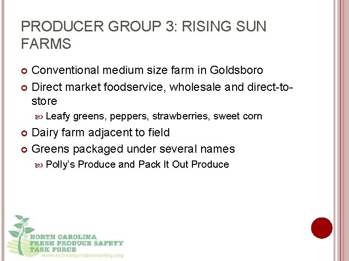 PRODUCER GROUP 3: RISING SUN FARMS Conventional medium size farm in Goldsboro Direct market