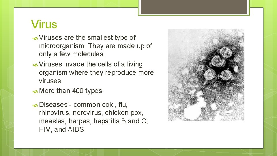 Virus Viruses are the smallest type of microorganism. They are made up of only