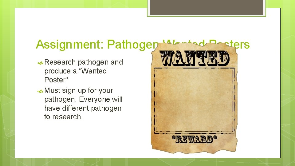Assignment: Pathogen Wanted Posters Research pathogen and produce a “Wanted Poster” Must sign up
