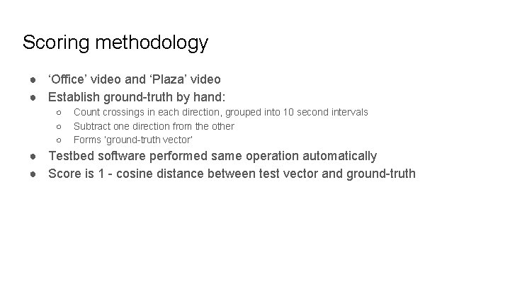 Scoring methodology ● ‘Office’ video and ‘Plaza’ video ● Establish ground-truth by hand: ○